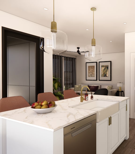 A modern kitchen with a white countertop and black cabinets.